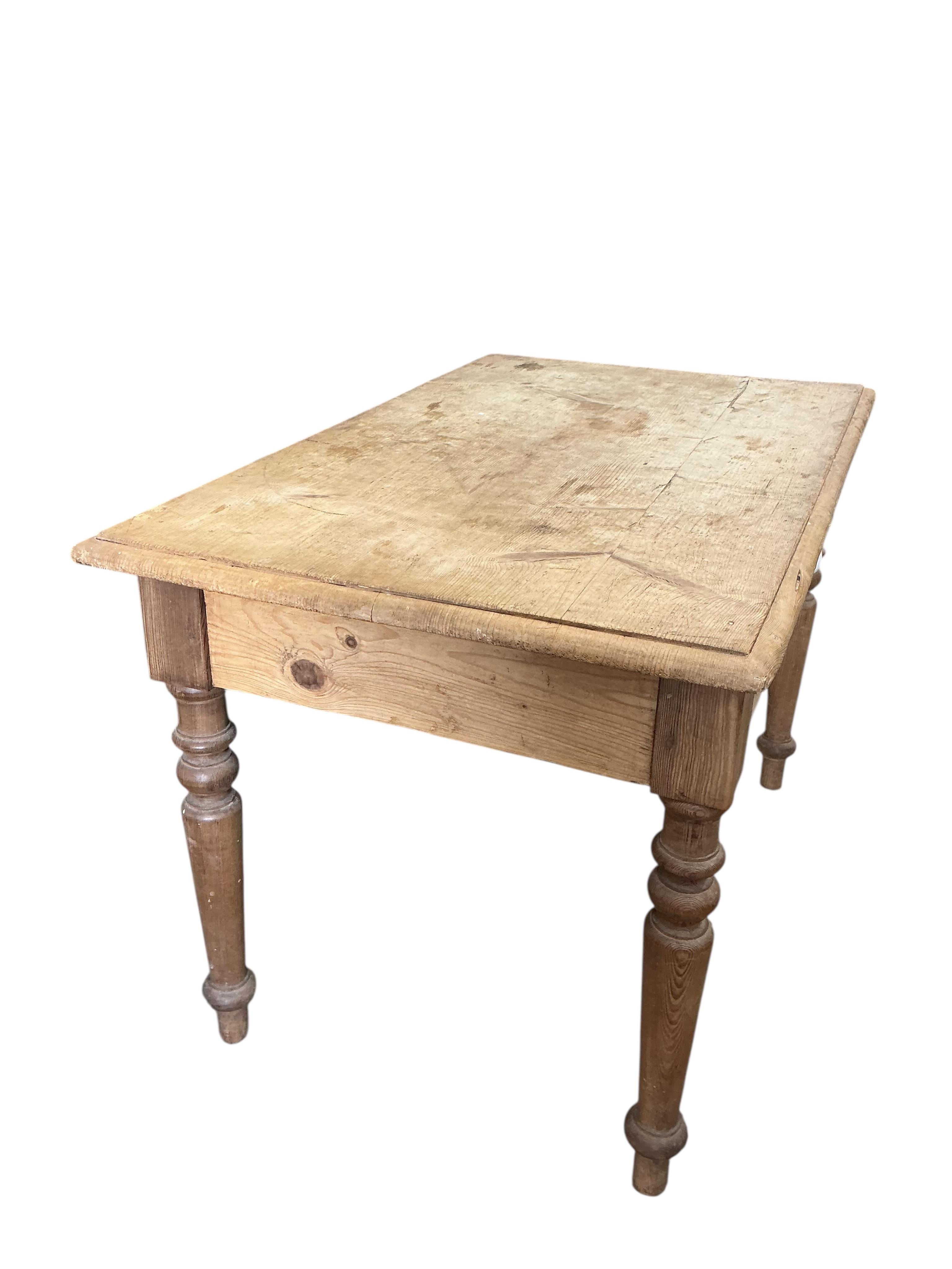 A small Victorian rectangular pine kitchen table, fitted drawer, width 114cm, depth 69cm, height 75cm